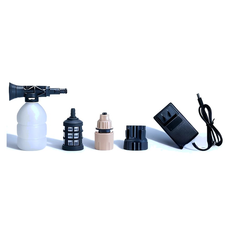 Foam pot, mesh inlet filter, quick-connect coupling, nozzle adapter and US charger