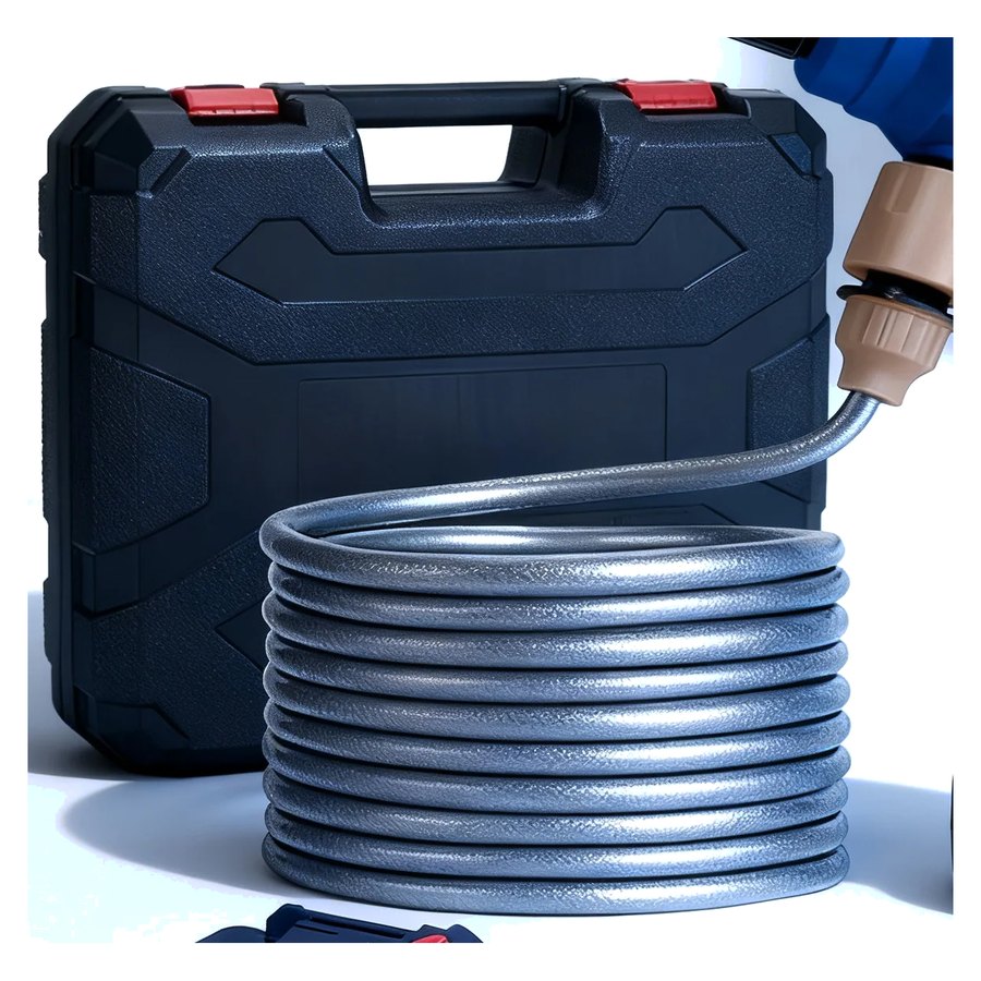 Hard carry case with the coiled suction hose in front of it